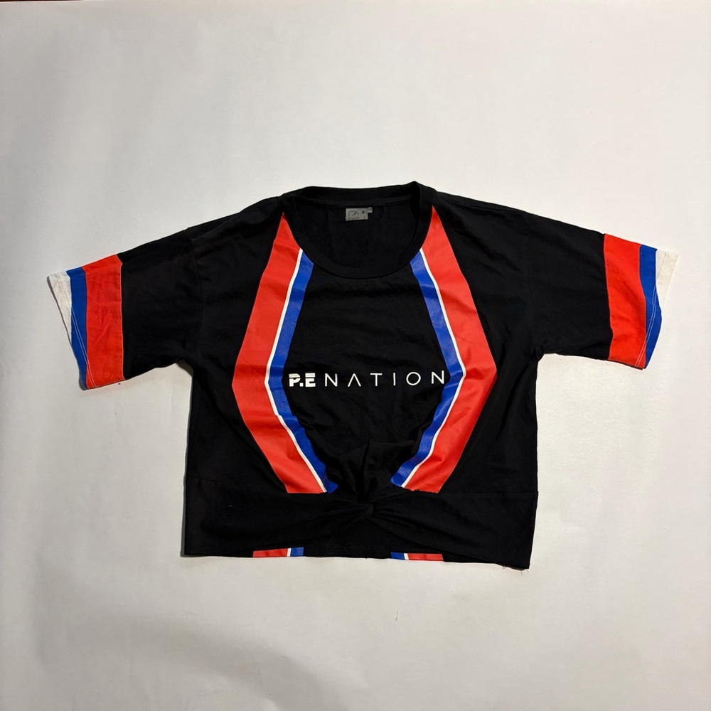 P.E Nation Black Crop Tee with Red & Blue Stripe Accents
